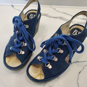 Fly London Blue Lace-up Ylfa Wedge Sandal sz 6